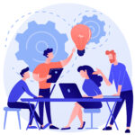 Corporate meeting. Employees cartoon characters discussing business strategy and planning further actions. Brainstorming, formal communication, seminar. Vector isolated concept metaphor illustration