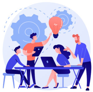 Corporate meeting. Employees cartoon characters discussing business strategy and planning further actions. Brainstorming, formal communication, seminar. Vector isolated concept metaphor illustration
