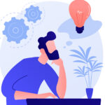 Business idea generation. Plan development. Pensive man with lightbulb cartoon character. Technical mindset, entrepreneurial mind, brainstorming process. Vector isolated concept metaphor illustration