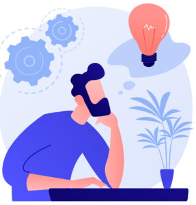 Business idea generation. Plan development. Pensive man with lightbulb cartoon character. Technical mindset, entrepreneurial mind, brainstorming process. Vector isolated concept metaphor illustration