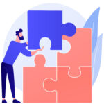 Problem solving. Creative decision, difficult task, lateral thinking. Man assembling puzzle cartoon character. Right choice, missing item. Vector isolated concept metaphor illustration